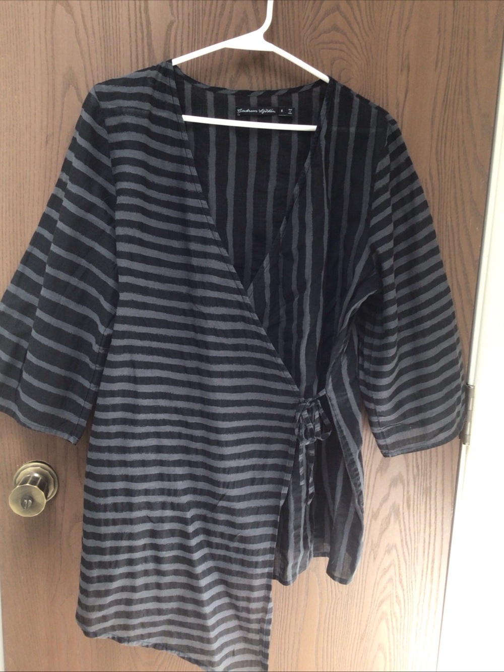 Gudrun Sjoden Black and Gray Striped Wrap Blouse 100% cotton, sz S